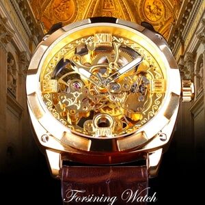 Forsining Mens Skeleton Mechanical Waterproof Luxury Watch Leather Gift Idea